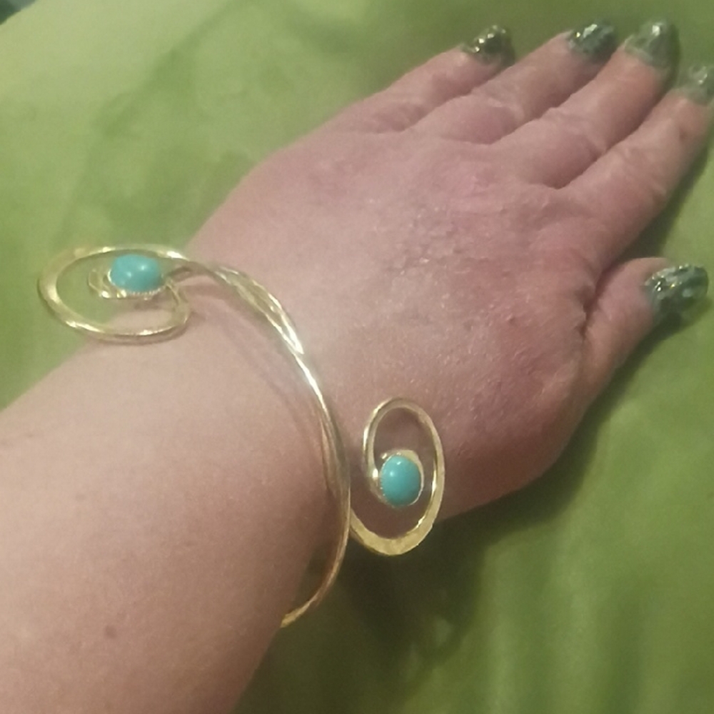 Gold-tone Open Cuff Bracelet with Turquoise Stones - Women Jewelry